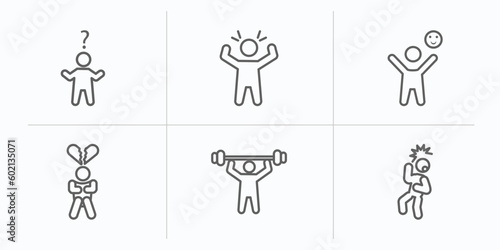 feelings outline icons set. thin line icons such as confused human, aggravated human, happy human, heartbroken pumped scared vector.