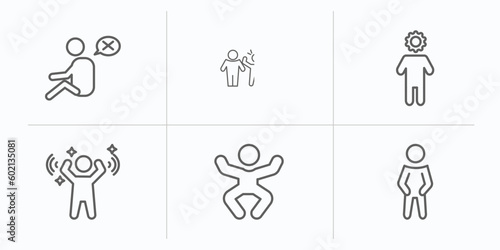 feelings outline icons set. thin line icons such as helpless human, full human, incomplete human, amazed silly proud vector.