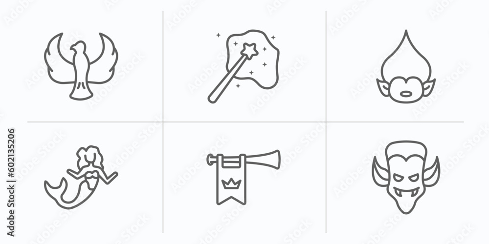 fairy tale outline icons set. thin line icons such as phoenix, enchantment, troll, mermaid, fanfare, dracula vector.