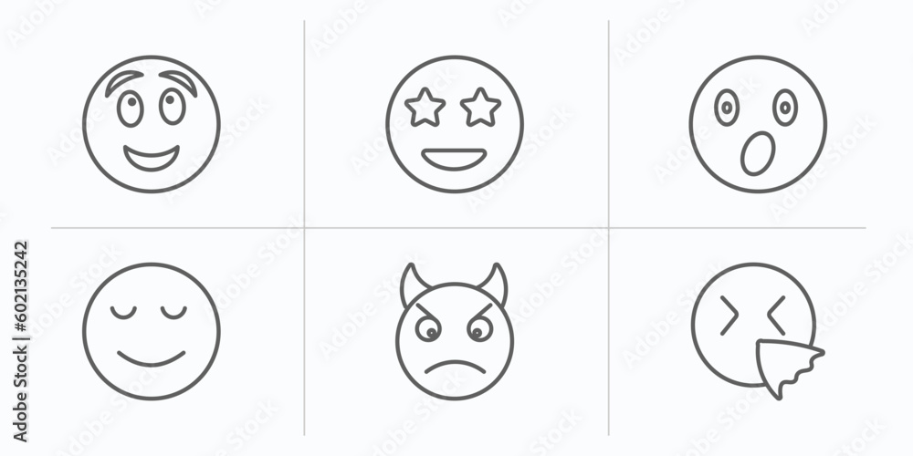 emoji outline icons set. thin line icons such as imagine emoji, surprise emoji, surprised calm angry with horns sneezing vector. emoji outline icons set. thin line icons such as imagine emoji, surprise emoji, surprised calm angry with horns sneezing vector.