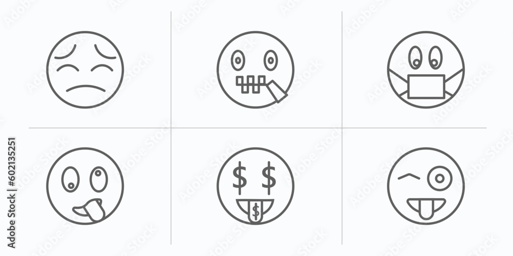 emoji outline icons set. thin line icons such as pensive emoji, secret emoji, sick stupid rich tongue vector. emoji outline icons set. thin line icons such as pensive emoji, secret emoji, sick stupid rich tongue vector.