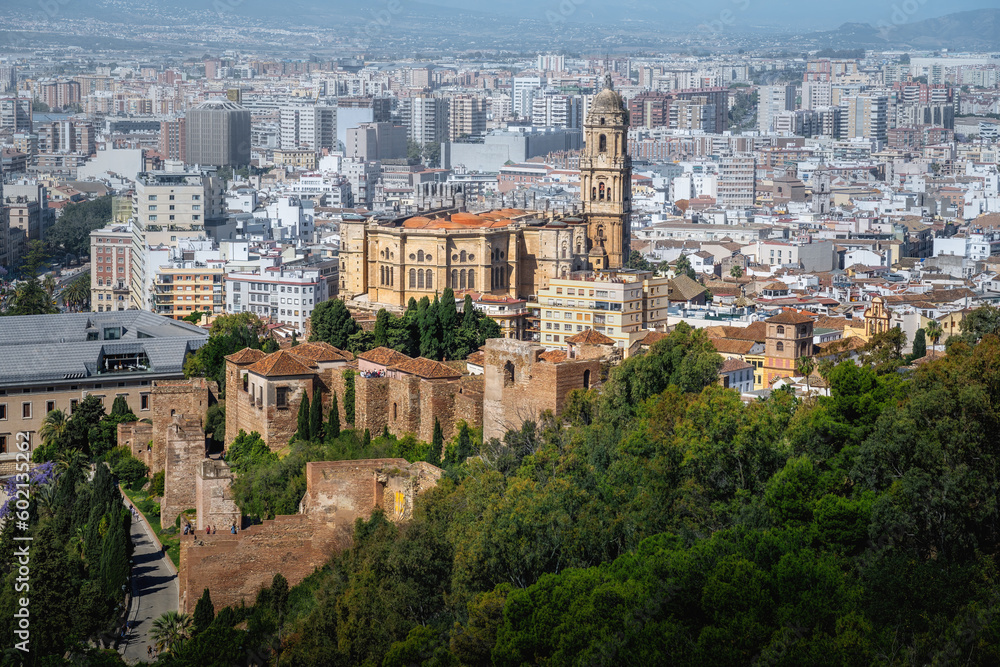 Malaga Cathedral and Alcazaba Fortress Aerial view - Malaga, Andalusia, Spain