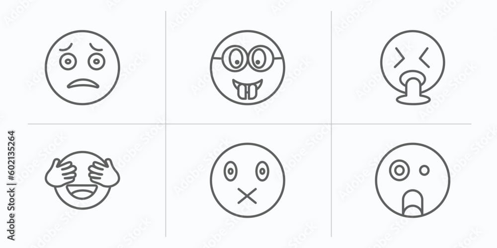 emoji outline icons set. thin line icons such as scared emoji, nerd emoji, puking shy muted shocked vector.