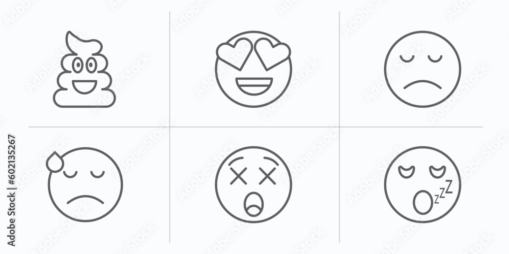emoji outline icons set. thin line icons such as poo emoji, in love emoji, disappointed dissapointment dizzy sleeping vector.