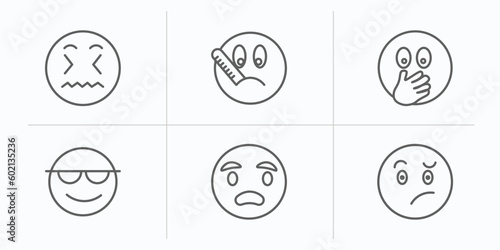 emoji outline icons set. thin line icons such as disgusted emoji, ill emoji, hand over mouth cool anguished confused vector.