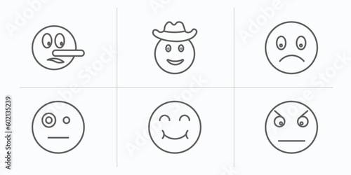 emoji outline icons set. thin line icons such as liar emoji, cowboy hat emoji, slightly frowning sceptic smile angry vector.