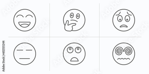 emoji outline icons set. thin line icons such as happy emoji, wondering emoji, worried expressionless bored hypnotized vector.