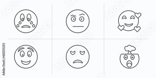 emoji outline icons set. thin line icons such as crying emoji, suspect emoji, love excited sad exploding head vector.