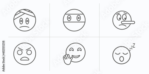 emoji outline icons set. thin line icons such as injured emoji, ninja emoji, lying yelling hello sleep vector.