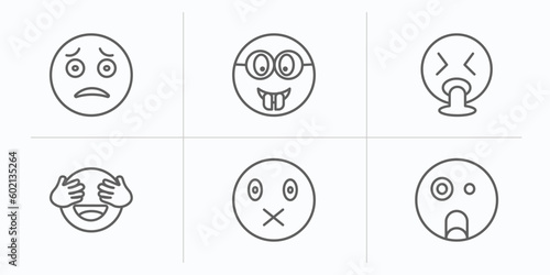 emoji outline icons set. thin line icons such as scared emoji, nerd emoji, puking shy muted shocked vector.