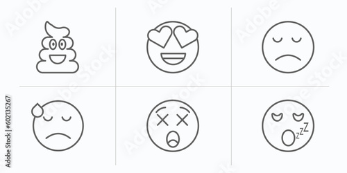 emoji outline icons set. thin line icons such as poo emoji, in love emoji, disappointed dissapointment dizzy sleeping vector.