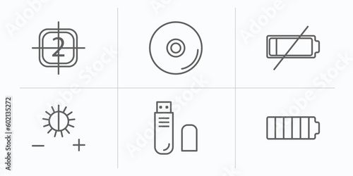 electronic stuff fill outline icons set. thin line icons such as video file list, compact disc, low battery, brightness option, pen drive, full battery vector.