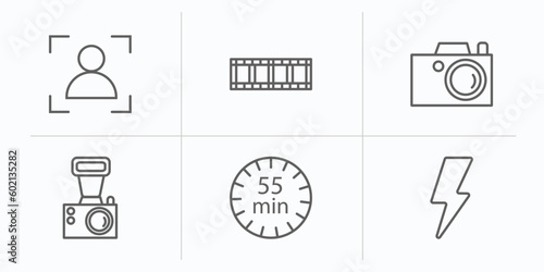 electronic stuff fill outline icons set. thin line icons such as portrait, film strip, photograph, old camera, minute countdown, blitz flash vector.