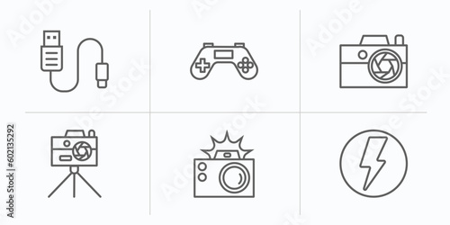 electronic stuff fill outline icons set. thin line icons such as usb cable, joypad, compact camera, camera stand, photo camera with flash, flash vector.