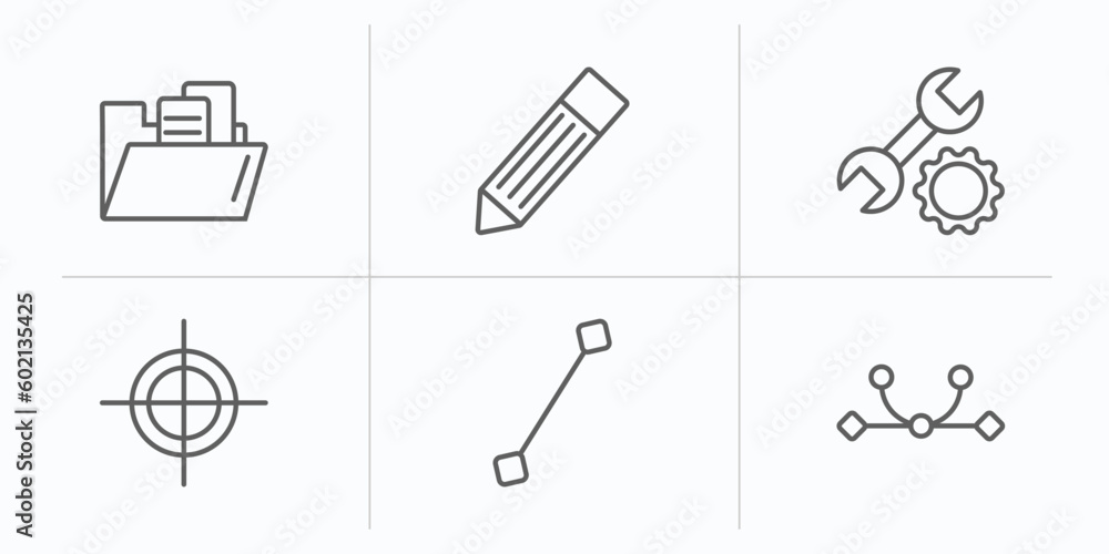 edit tools outline icons set. thin line icons such as file folder, pen edit, repair tool, registration mark, line tool, curvature vector. edit tools outline icons set. thin line icons such as file folder, pen edit, repair tool, registration mark, line tool, curvature vector.