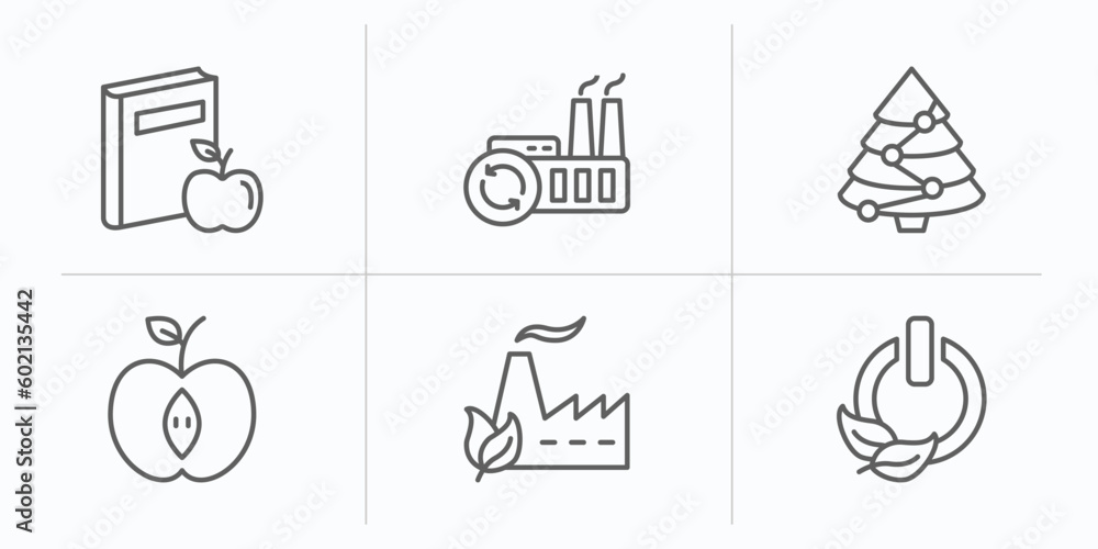 Fototapeta premium ecology outline icons set. thin line icons such as and books, recycling factory, christmas trees, half, eco factory, green power vector.