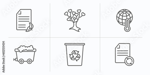 ecology outline icons set. thin line icons such as eco paper, tree of love, warming, coal, recycle bin, recycled paper vector.