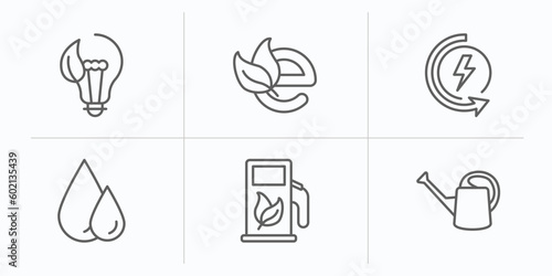 ecology outline icons set. thin line icons such as eco bulb, eco e, renewable energy, oil drops, bio fuel, watering can vector.