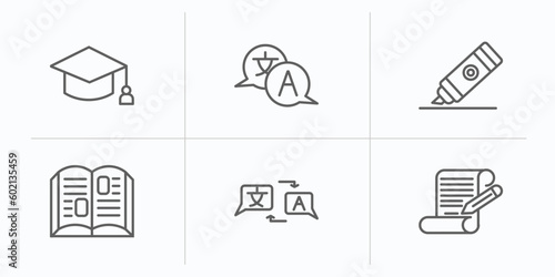 education outline icons set. thin line icons such as education, translation, marker, book, translator, writing vector.