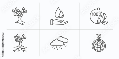 ecology outline icons set. thin line icons such as tree with many leaves  save water  100 percent natural  tree and roots  raining  sustainability vector.