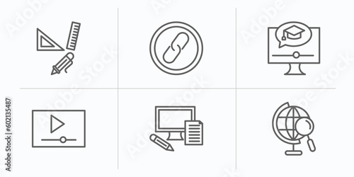 e learning and education outline icons set. thin line icons such as study tools, links, elearning, video tutorials, blended learning, geography vector.