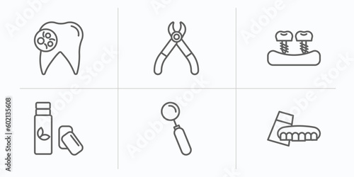 dentist outline icons set. thin line icons such as bacteria in mouth, tooth pliers, fake tooth, chewing gum, mouth mirror, denture vector.