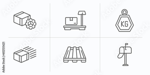 delivery and logistic outline icons set. thin line icons such as delivery tings, delivery weighing, weight, express pallet, postbox vector.