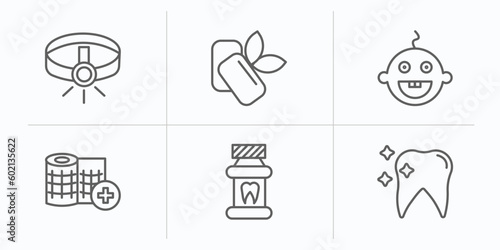dentist outline icons set. thin line icons such as headlamp, mint gum, baby dental, gauze, mouth wash, tooth whitening vector.