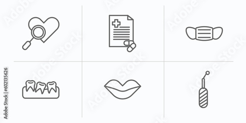 dentist outline icons set. thin line icons such as check up, medical prescription, dentist mask, malocclusion, mouth, scraping vector.