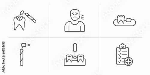 dentist outline icons set. thin line icons such as tooth filling, sick boy, partial denture, dentists drill tool, interproximal, health report vector.