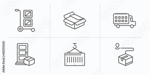 delivery and logistic outline icons set. thin line icons such as cargo, unpacking, delivery date, on door delivery, container, destination vector.
