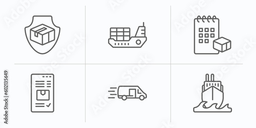 delivery and logistic outline icons set. thin line icons such as delivery shield, logistic ship, delivery schedule, by website, by car, ocean transportation vector.