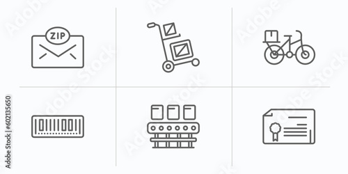 delivery and logistic outline icons set. thin line icons such as zip code, delivery cart, delivery by bike, barcode, conveyor, waybill vector.