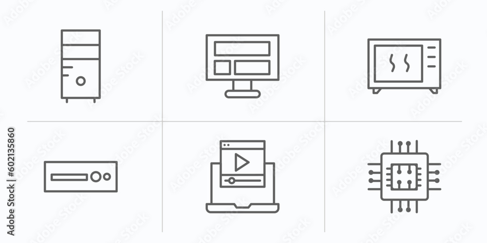computer outline icons set. thin line icons such as pc tower, computer and monitor, device, dvd drive, computer video, micro chip vector. computer outline icons set. thin line icons such as pc tower, computer and monitor, device, dvd drive, computer video, micro chip vector.