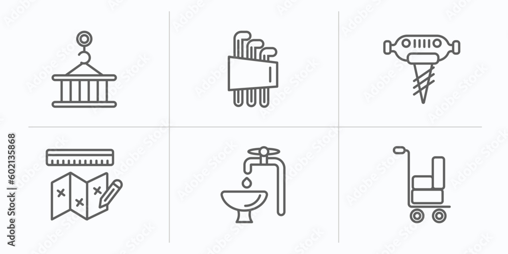 construction outline icons set. thin line icons such as derrick with pallet, hex key, pickaxes drilling, measures plan, adjusment system, trolley with cargo vector. construction outline icons set. thin line icons such as derrick with pallet, hex key, pickaxes drilling, measures plan, adjusment system, trolley with cargo vector.