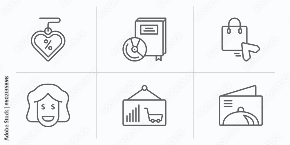 commerce outline icons set. thin line icons such as sale love, book with dvd, black pointer, rich smile, graph frame, restaurant card vector. commerce outline icons set. thin line icons such as sale love, book with dvd, black pointer, rich smile, graph frame, restaurant card vector.