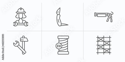 construction and tools outline icons set. thin line icons such as mechanic working, jackknife, caulk gun, improvement, copper, scaffolding vector.