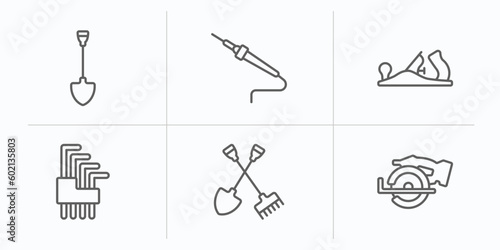 construction and tools outline icons set. thin line icons such as spade  solder  planer  allen keys  shovel and fork  chop saw vector.