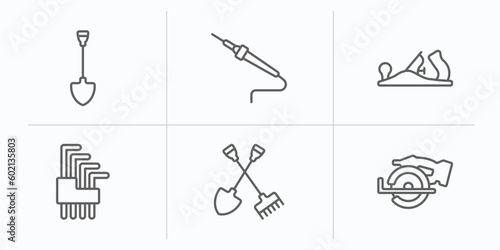 construction and tools outline icons set. thin line icons such as spade, solder, planer, allen keys, shovel and fork, chop saw vector.