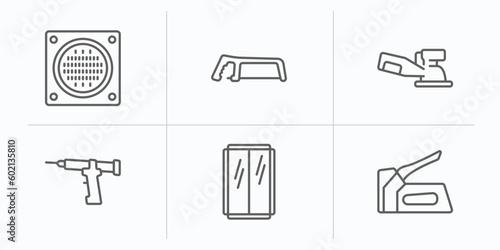 construction and tools outline icons set. thin line icons such as drain, metal saw, sanding hine, sealant gun, glass wall, staple gun vector.