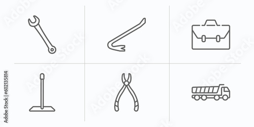 construction tools outline icons set. thin line icons such as garage wrench, crowbar, businessman portfolio, cleaning mop, plier, dumper vector.