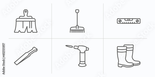 construction tools outline icons set. thin line icons such as builder brush, gardening rake, plumb rule tool, wedge tool, blowtorch, rubber boots vector.