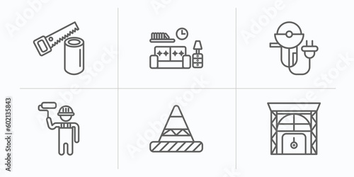 construction outline icons set. thin line icons such as wood saw, interior de, grinder, man painting, road stopper, big door vector.