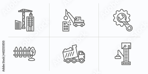 construction outline icons set. thin line icons such as constructions, demolition, wrench and gear, garden fence, dump truck, big derrick with boxes vector.