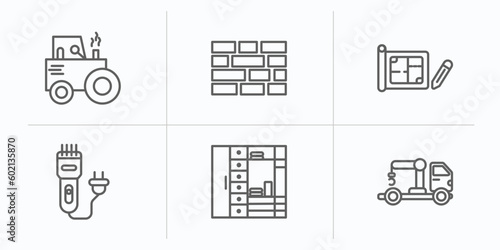 construction outline icons set. thin line icons such as steamroller, birck wall, house plan, clippers, big clo, truck with crane vector.