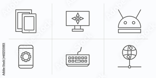 computer outline icons set. thin line icons such as responsive de, full computer, robotic, tablet data tings, classroom keyboard, internet server vector.