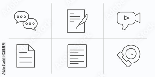 communication outline icons set. thin line icons such as chatting, writing letter, video chat, pager, text lines, time call vector.