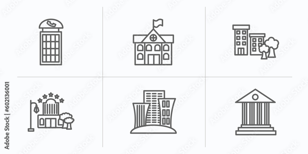 city elements outline icons set. thin line icons such as phone booth, city hall, apartment, motel, skyscrapper, government buildings vector.