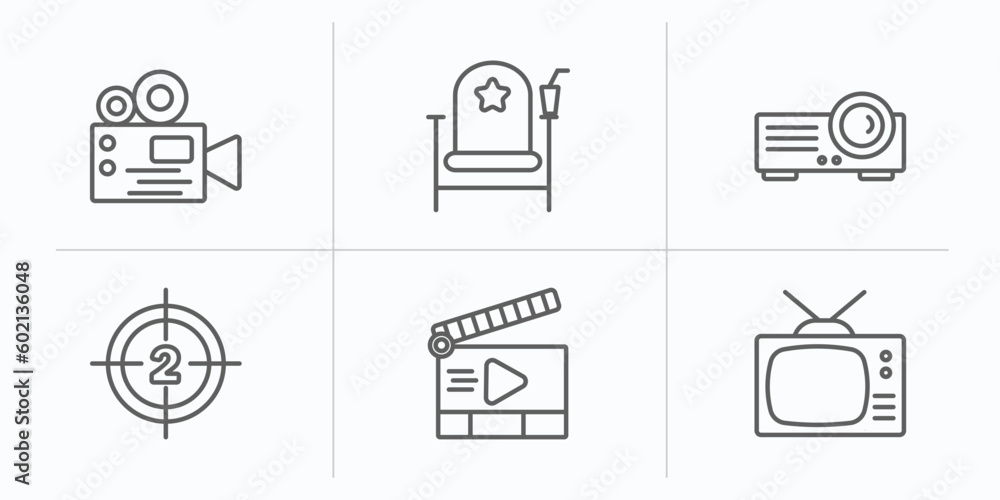 cinema outline icons set. thin line icons such as film viewer, cinema chair, image projector, film counter, movie clapper open, television with antenna vector. cinema outline icons set. thin line icons such as film viewer, cinema chair, image projector, film counter, movie clapper open, television with antenna vector.