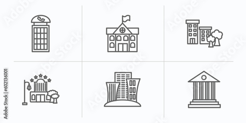 city elements outline icons set. thin line icons such as phone booth  city hall  apartment  motel  skyscrapper  government buildings vector.